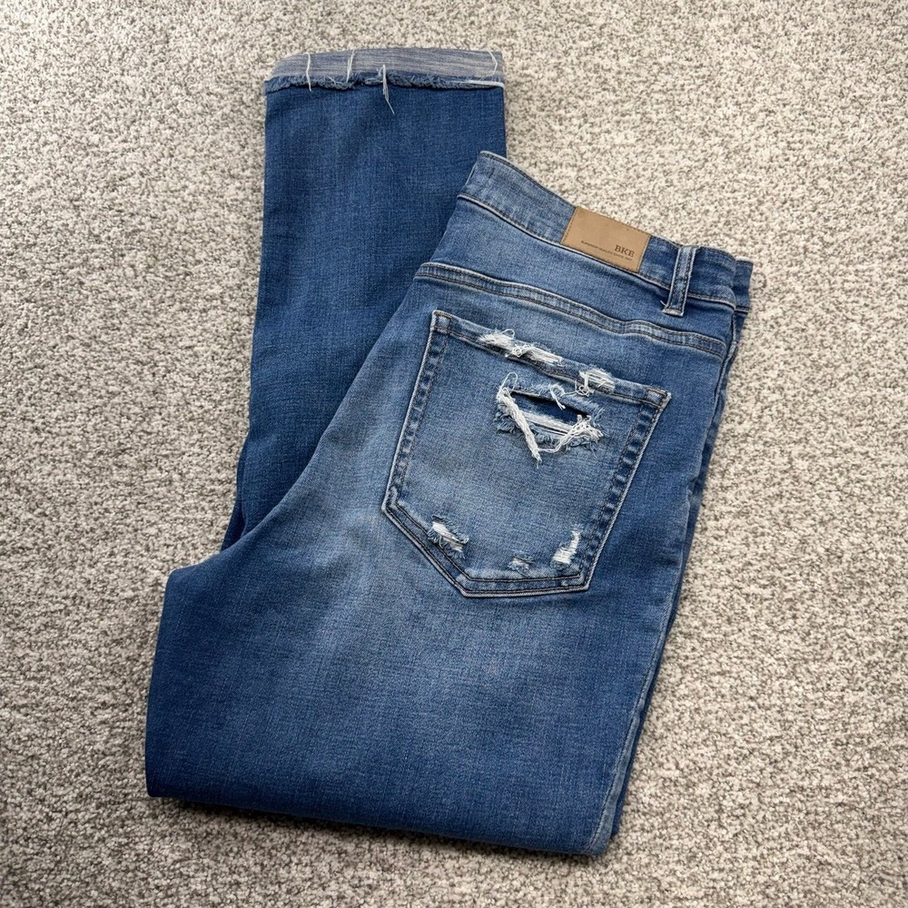 Women's BKE Parker High-Rise Medium Wash Blue Distressed Cropped Jeans Sz 32x27